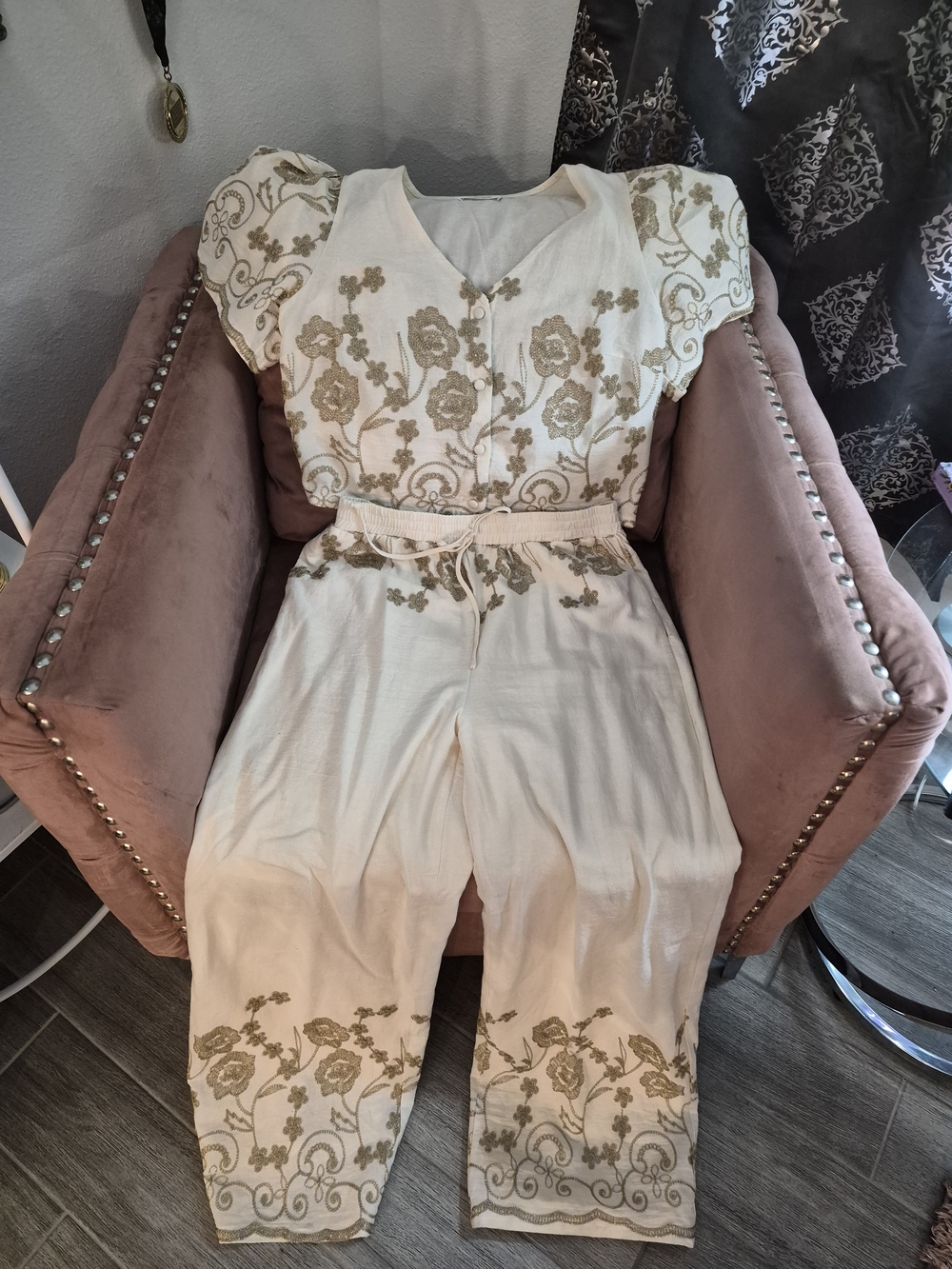 Embroidered Cream Puff-Sleeve Pant And Top Set 2 Piece Set